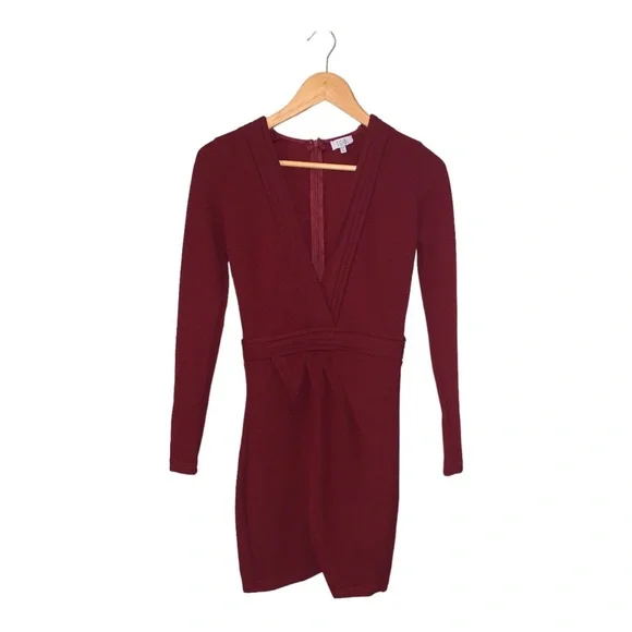 TOBI XS DRESS NWT AVA WINE bodycon deep v front split burgundy long sleeve - Picture 5 of 14